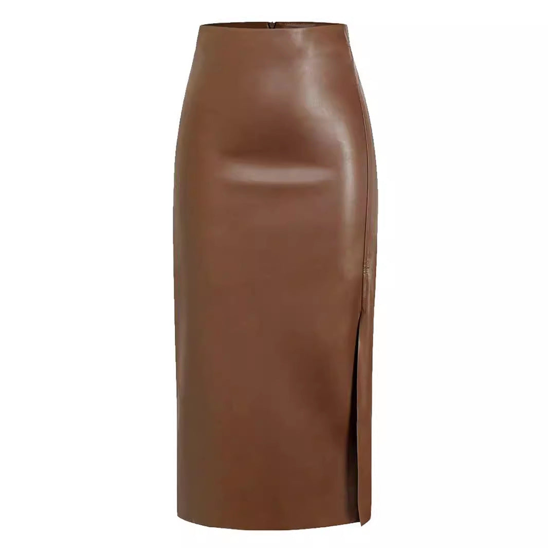 Women's Split Leather High Waist Zipper Sheath Dress Skirts