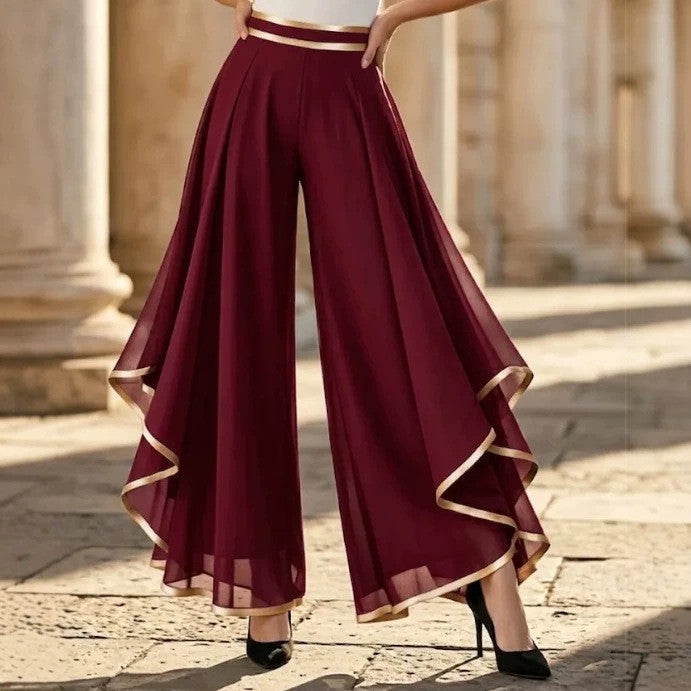 Women's Fashion Stitching Rolled Chiffon High Waist Casual Pants