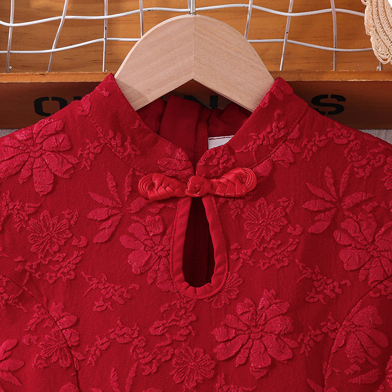 Children's Summer Red Chinese Embroidery Patchwork Princess Children's Dress