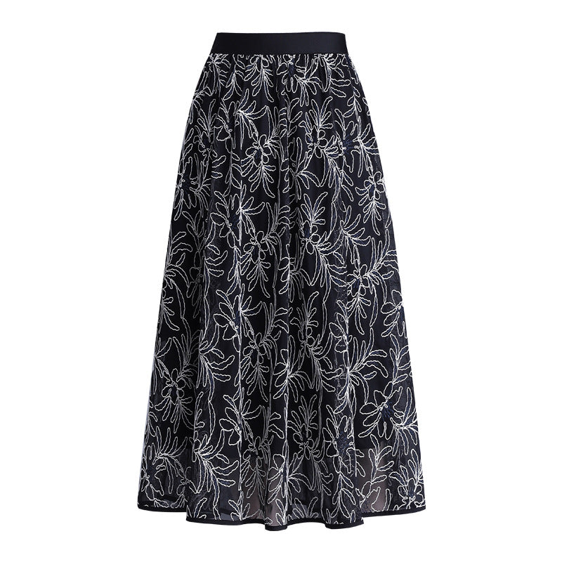 Women's Korean Style Printed Two-sided Wear Mesh Autumn Mid-length High Waist Skirt