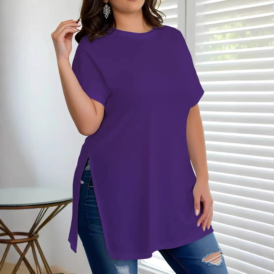 Versatile Women's Loose Slit Round Neck Tops