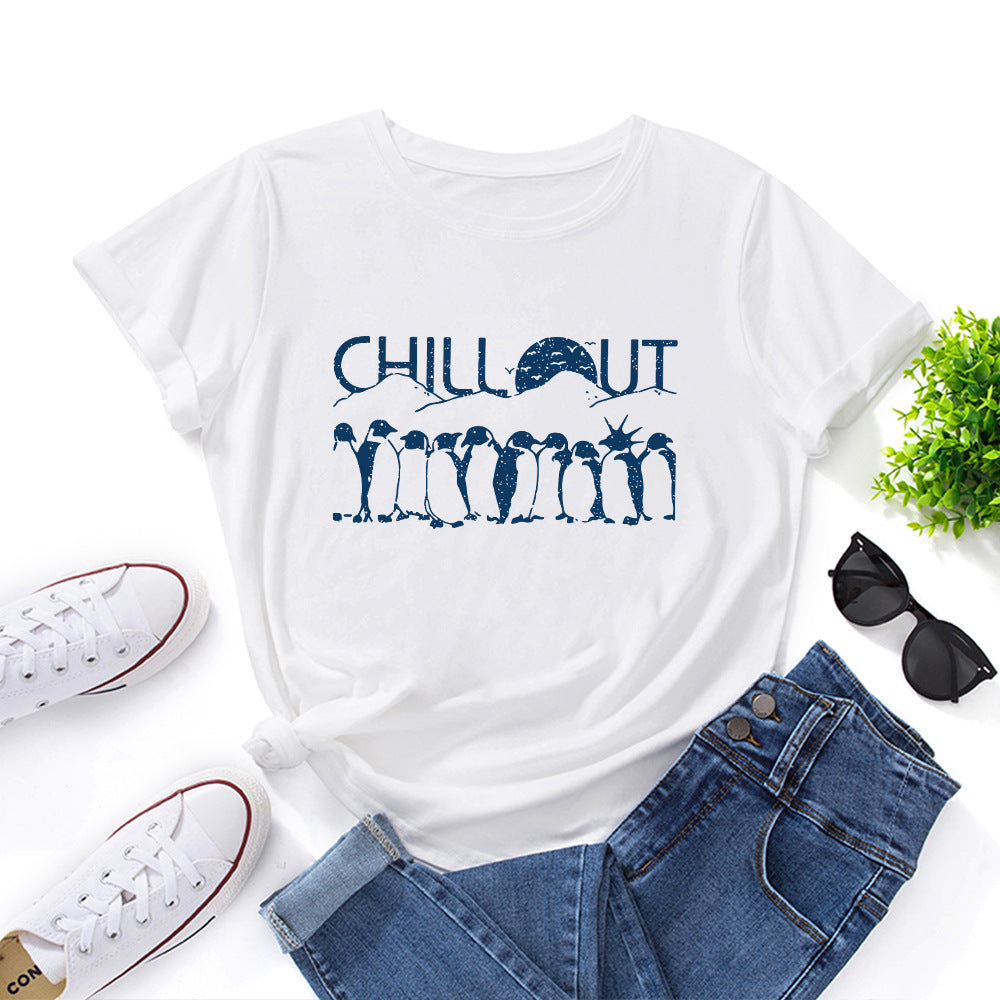Women's Loose Round Neck Sleeve Female Creative Penguin Shorts