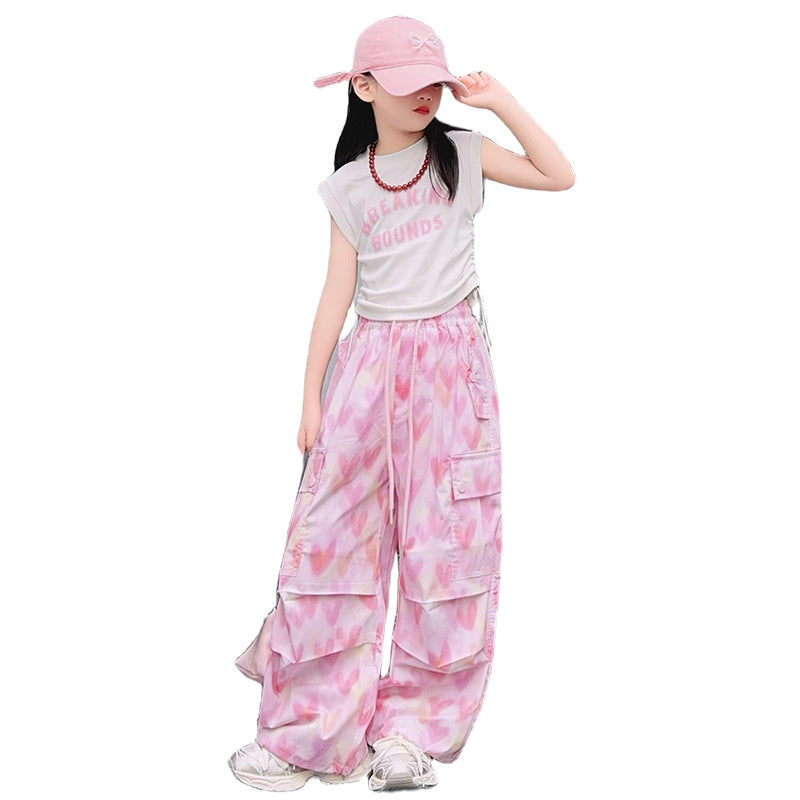 Loose Trousers Middle Big Letter Drawstring Short Sleeve Children's Suit