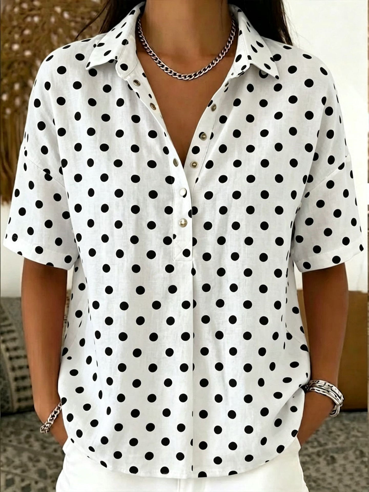 Women's Casual Polka Dot Lapel Shirt Half-open Button Blouse