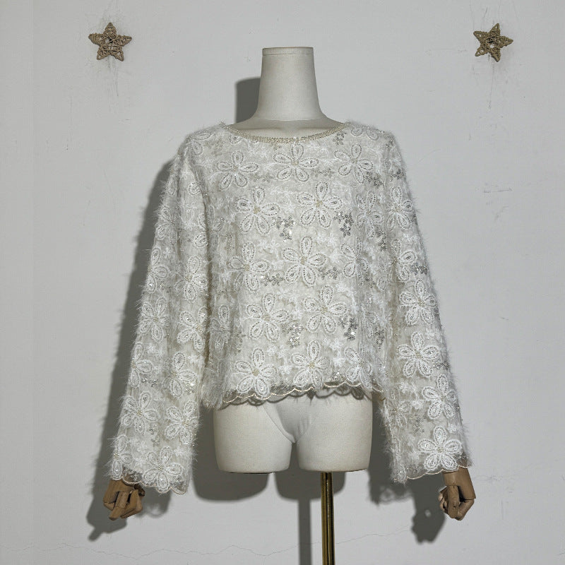 Women's Fashion Long Sleeve Flower Round Neck Stage Luxury Trendy Lace Shirt, Chiffon Shirt