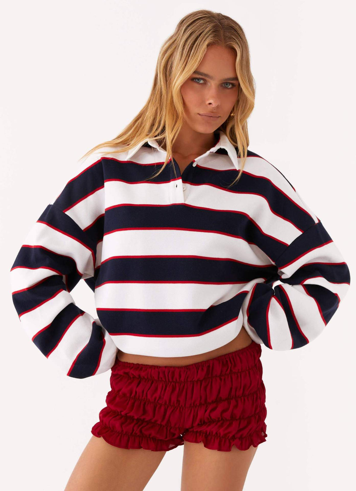 Women's Collar Button Striped Contrast Color Loose Sweaters