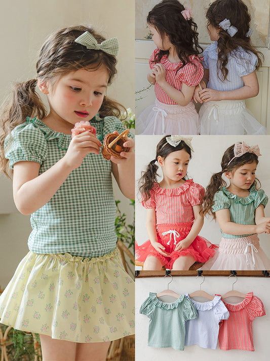 Summer Strawberry Shan Sweet Lady Plaid Round Neck Short Children's T-shirt