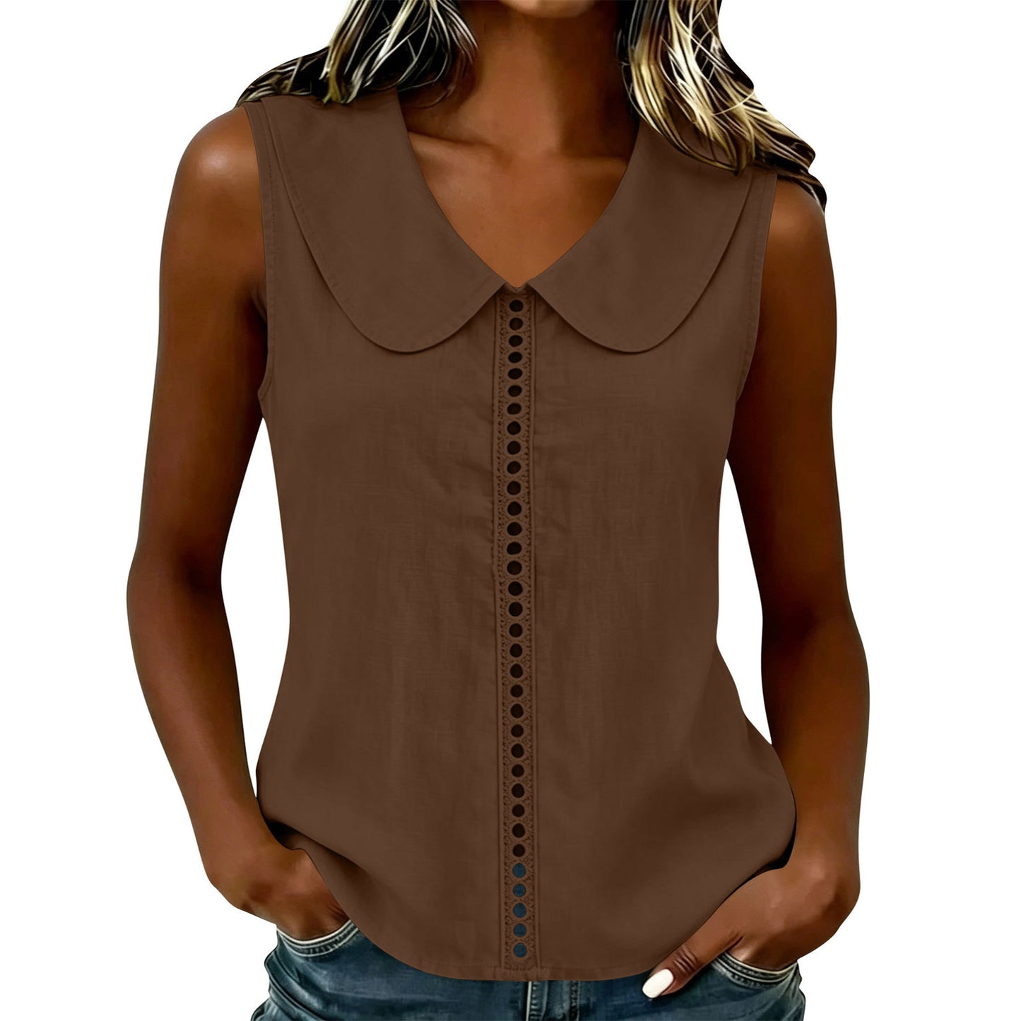 Summer Loose Lapel Lace Stitching Casual Sleeveless Small Vest/suspenders/tube Top