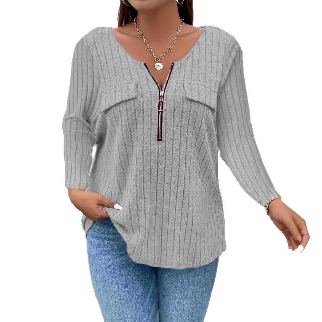 Women's Sunken Stripe Casual Solid Color Long Large Size T-shirt