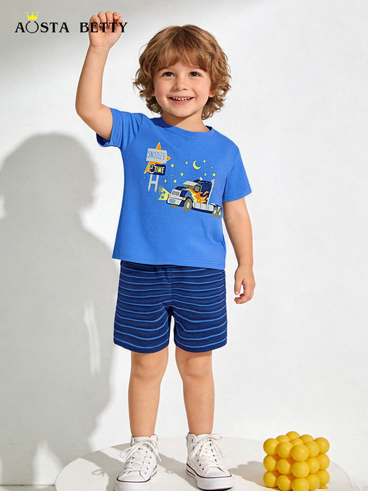 Children's Summer Car Cartoon Print Two-piece Knitted Children's Suit