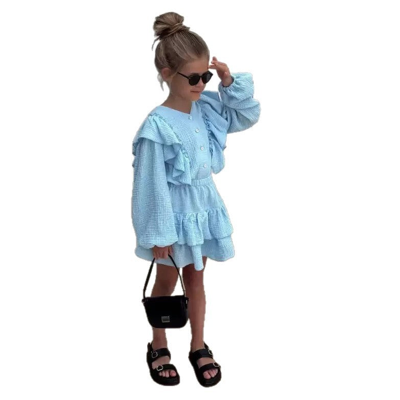 Flying Shoulder Sleeve Shirt Lace Skirt British Two-piece Children's Suit