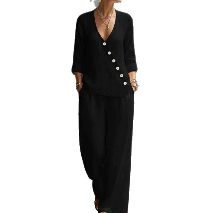 Women's Loose Diagonal Button Shirt Wide Leg Two-piece Fashion Casual Suit