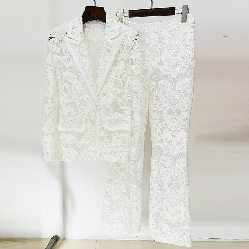 Mesh Embroidered Sequined Trousers Two-piece Set Fashion Casual Suit