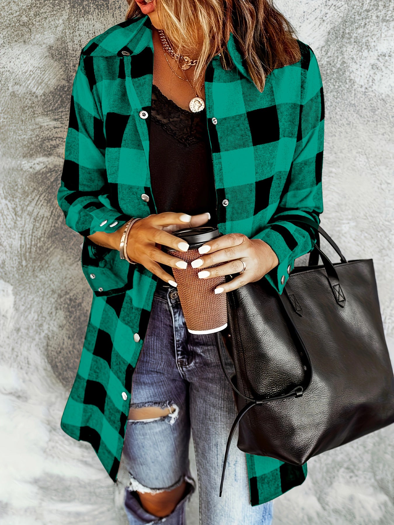 Women's Long Sleeve Plaid Lapel Loose Casual Jackets