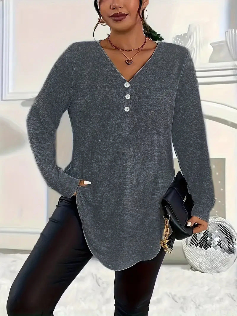 Women's Clothes Buttons Solid Color Long-sleeved Tops