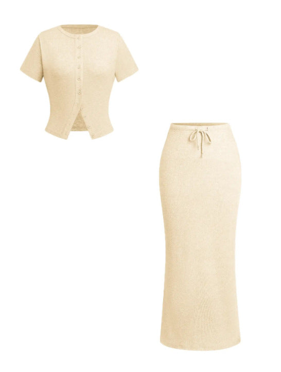 Summer Buttoned Short-sleeved Dress Female Ornament Fashion Casual Suit