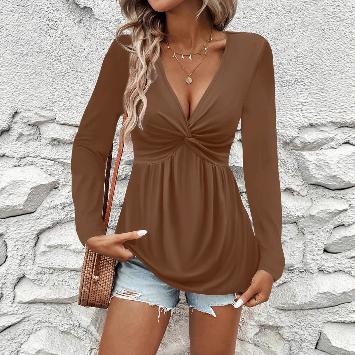 Women's Twist Solid Color Long Sleeve Women's T-shirt