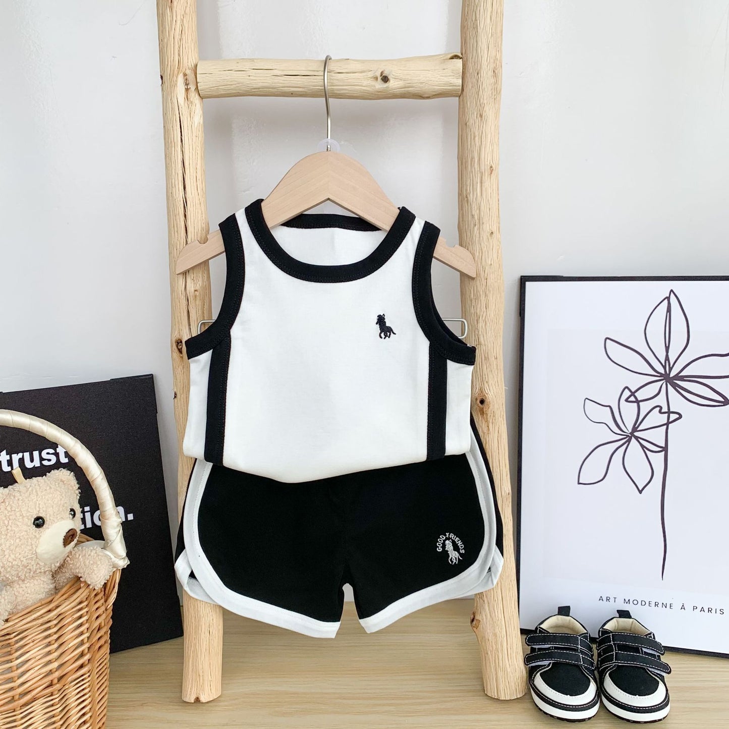 Children's Boys Toddlers Summer Vest Shorts Set Embroidery Color Matching Children's Suit