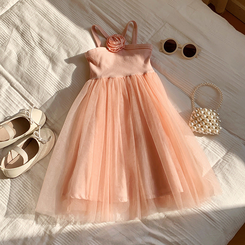 French Rose Strap Sweet Western Style Mesh Children's Dress