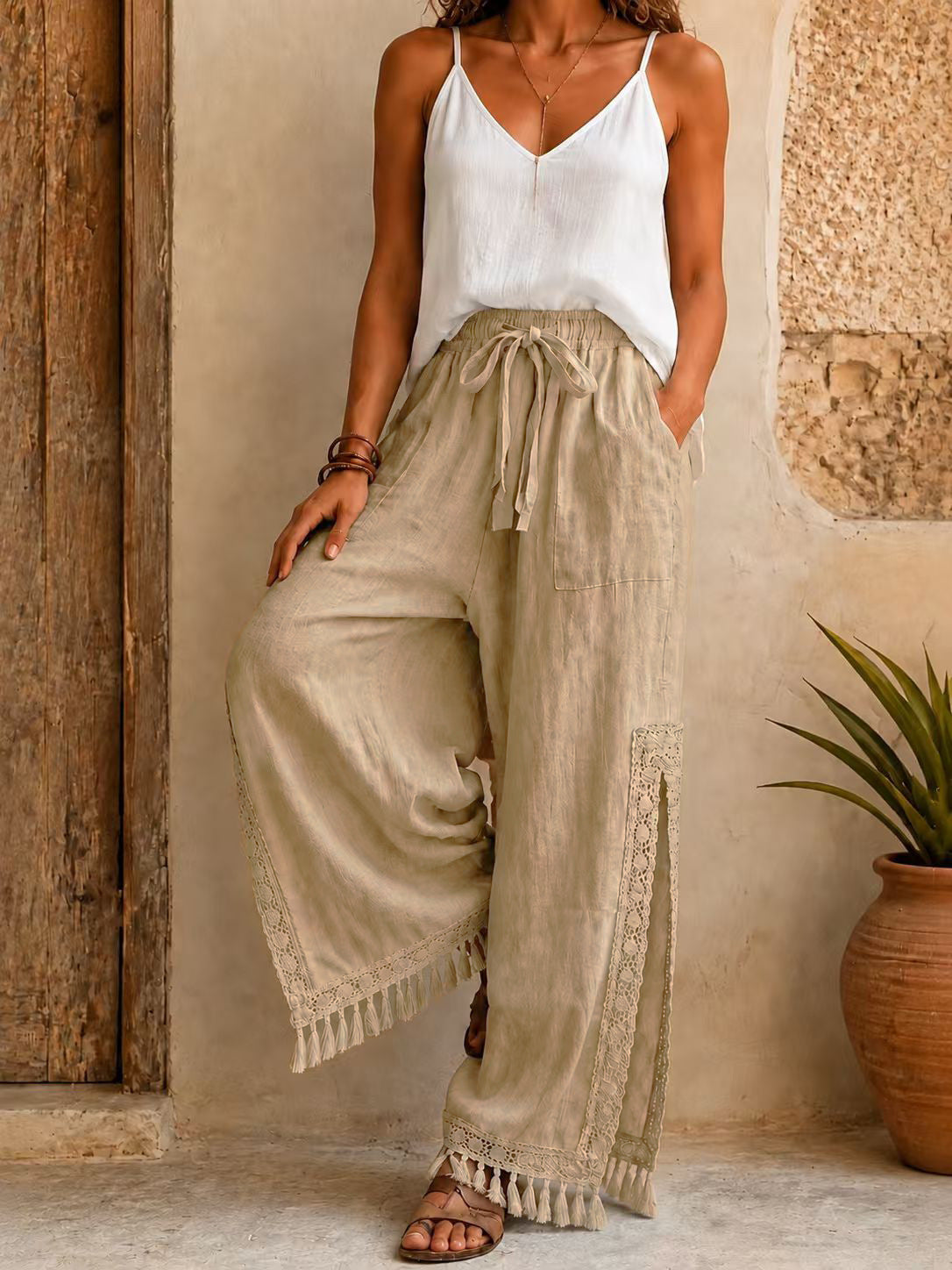 Women's Side Slit Lace Tassel Bohemian Vacation Style Pants