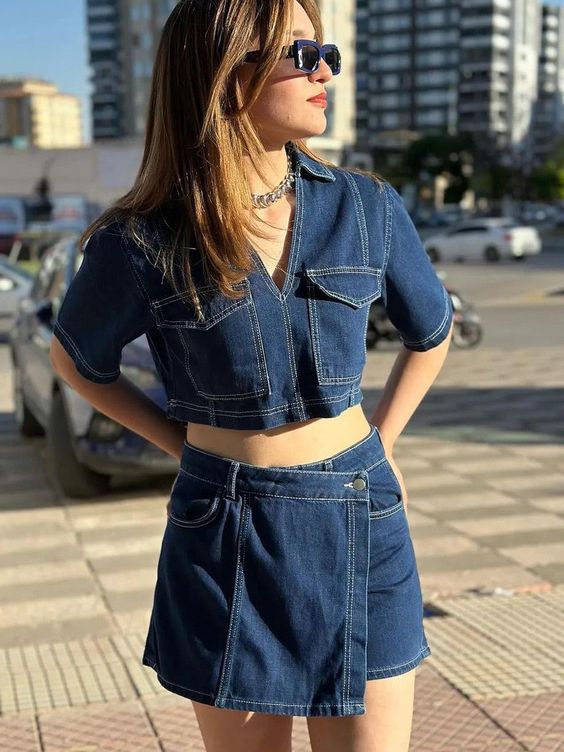 Double Breasted Pullover Denim Shirt High Shorts