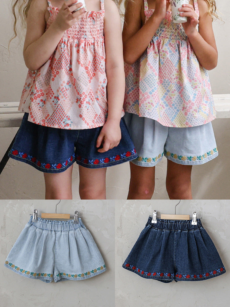 Strawberry Shan Fashionable Embroidery Flower Loose Wide Leg Children's Pants