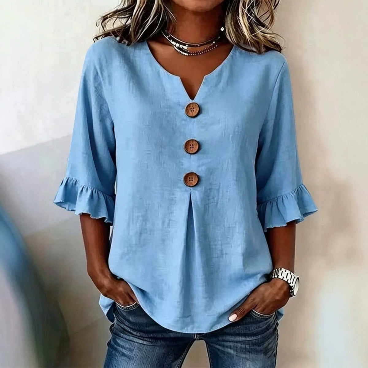 Women's Summer Buttons Ruffled Half Sleeves Loose Blouses