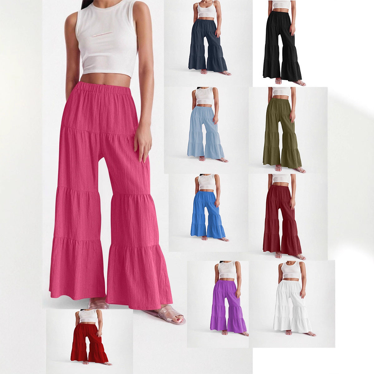 Women's Elastic Solid Color Waist Loose Trousers Pants