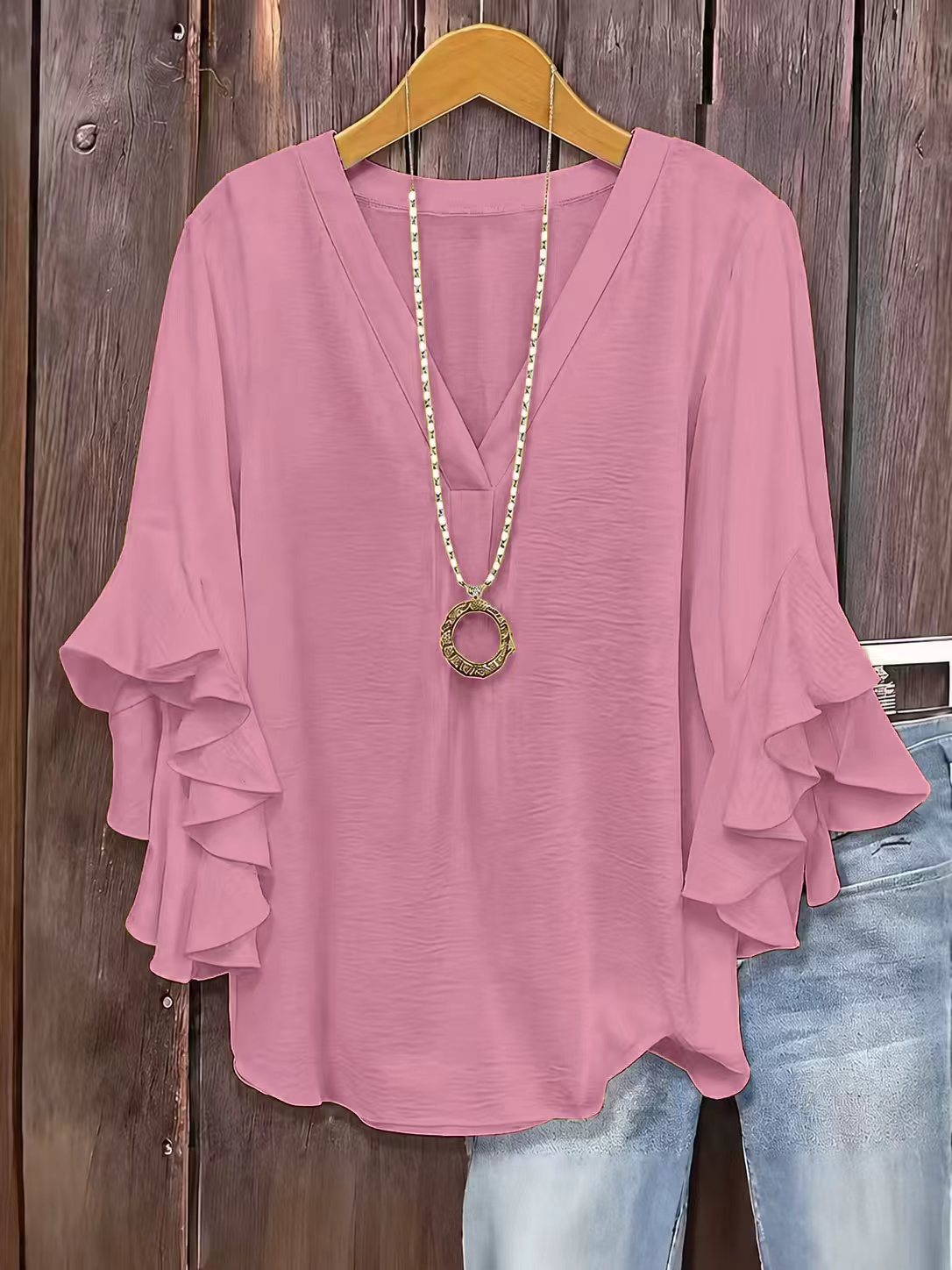 Women's Elegant Fashion Button Detail Ruffle Sleeve Blouse