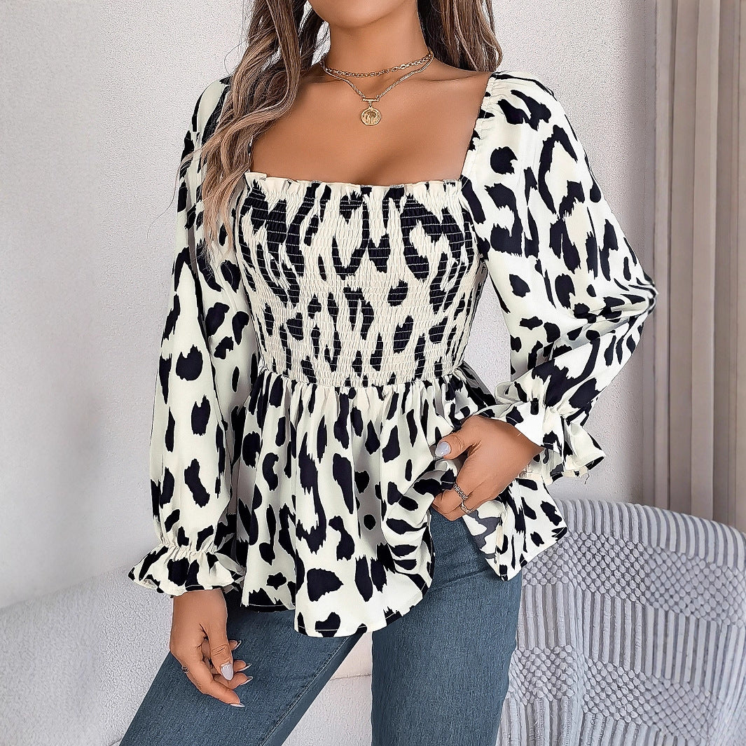 Women's Ear Square Collar Leopard Print Long Clothing