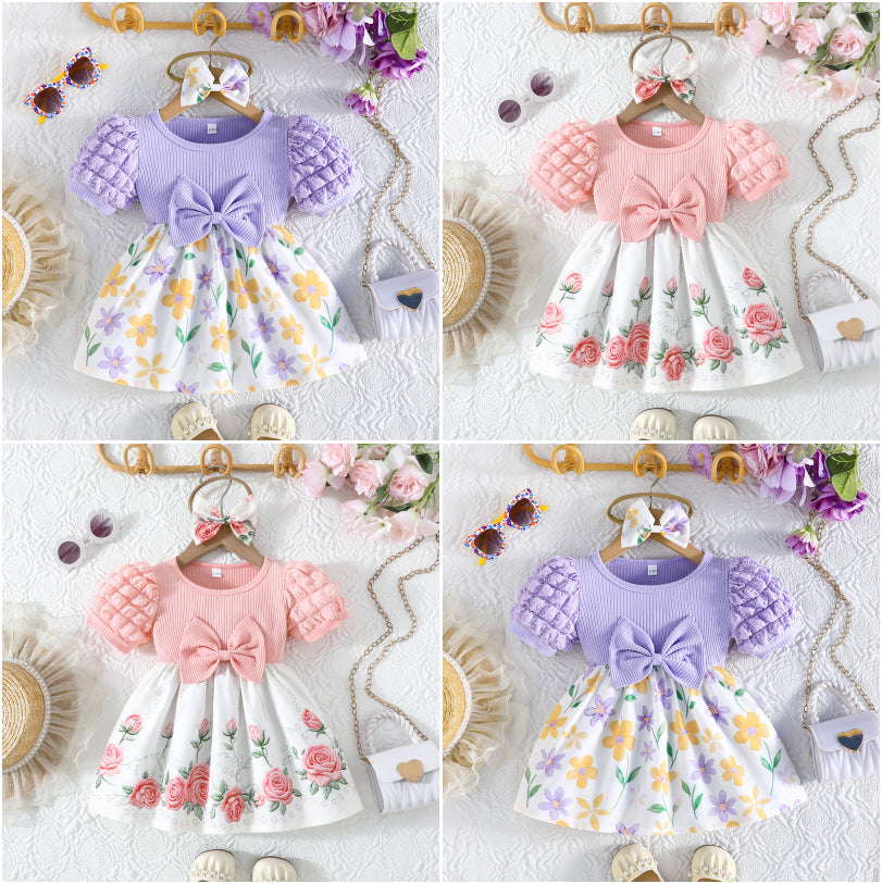 Puff Sleeve Sunken Stripe Top Floral Children's Dress