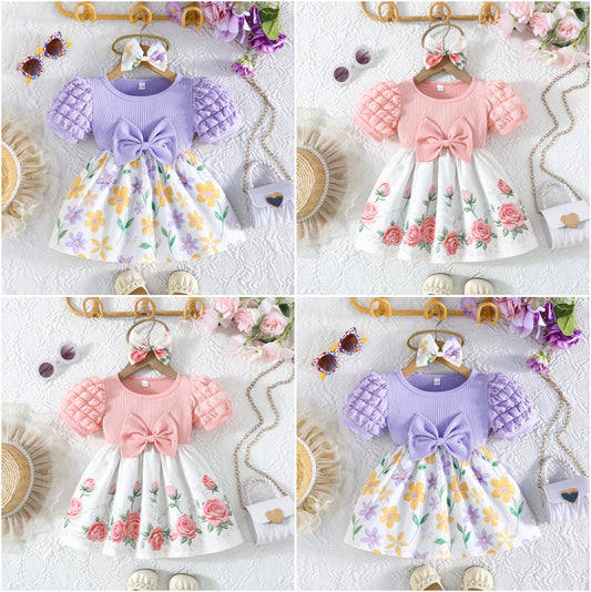 Puff Sleeve Sunken Stripe Top Floral Children's Dress