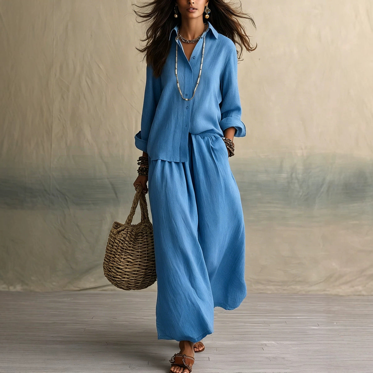 Women's Summer High-grade Shirt Collar Wear Loose Cotton Suits