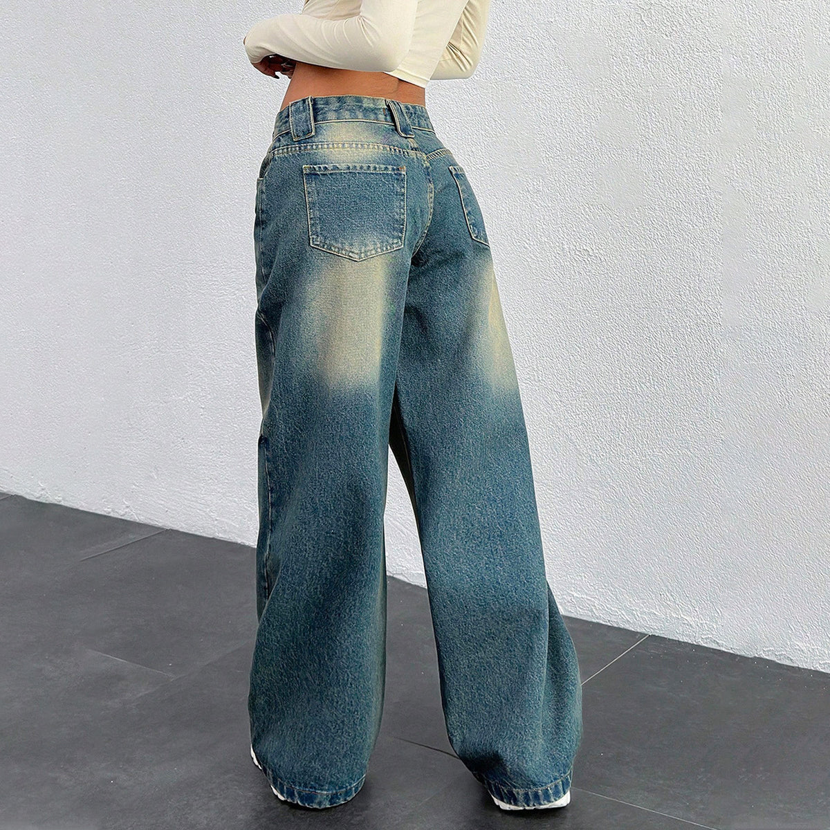 Women's Retro Washed Low Waist Loose Elastic With Pockets Women's Jeans