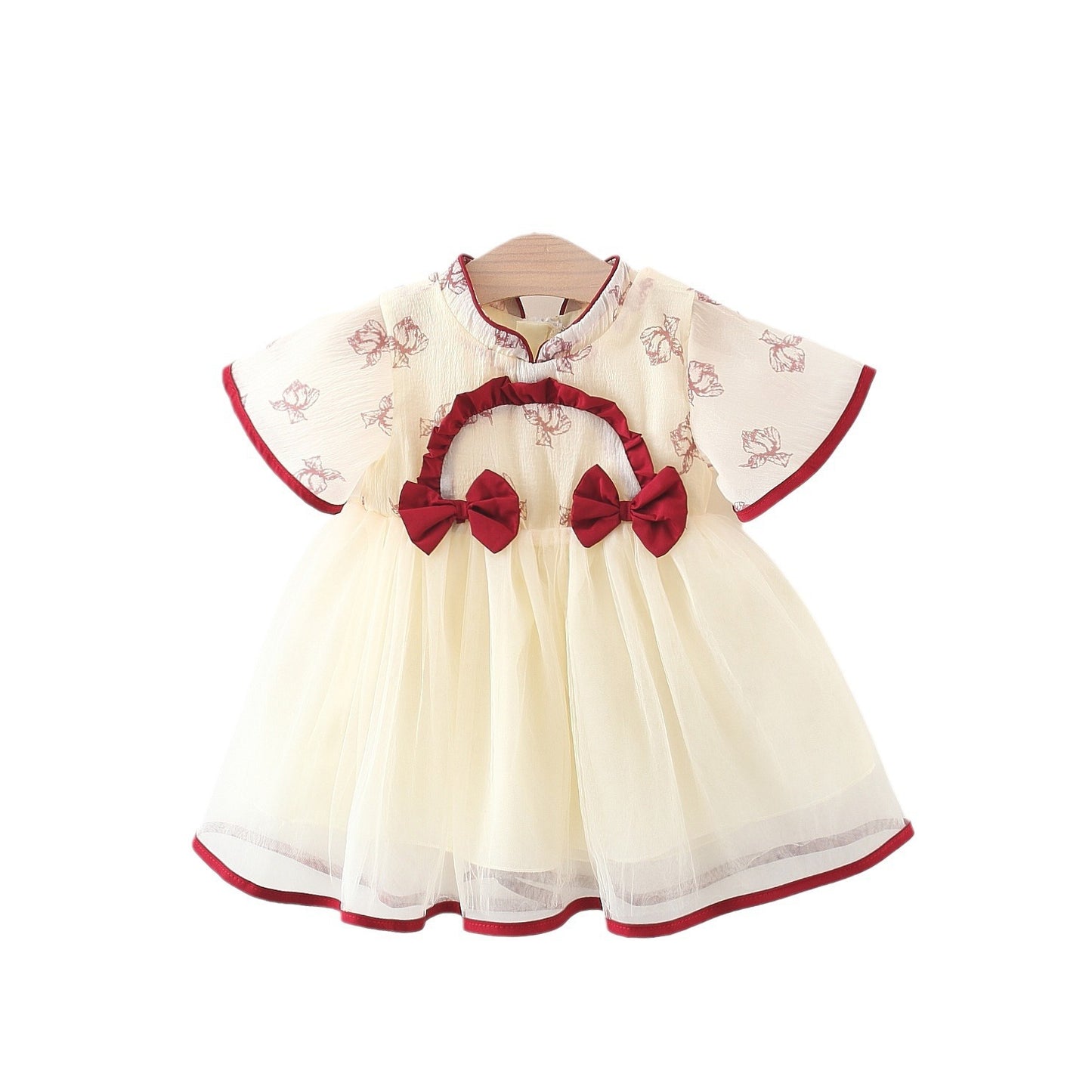 Summer Two Bow Semicircle Mesh Stitching Small Skirt Ancient Children's Dress