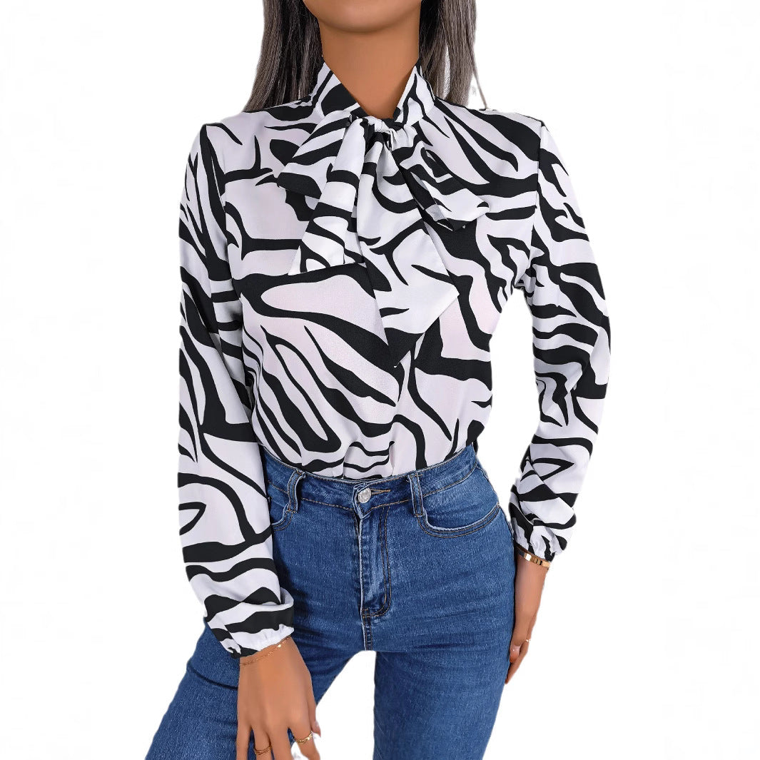 Women's Elegant Contrast Color Striped Lantern Sleeve Lace Shirt, Chiffon Shirt