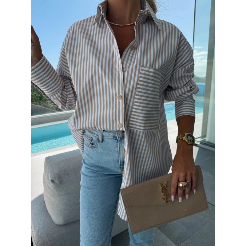 Women's Pocket Striped Long Sleeve Shirt Clothing