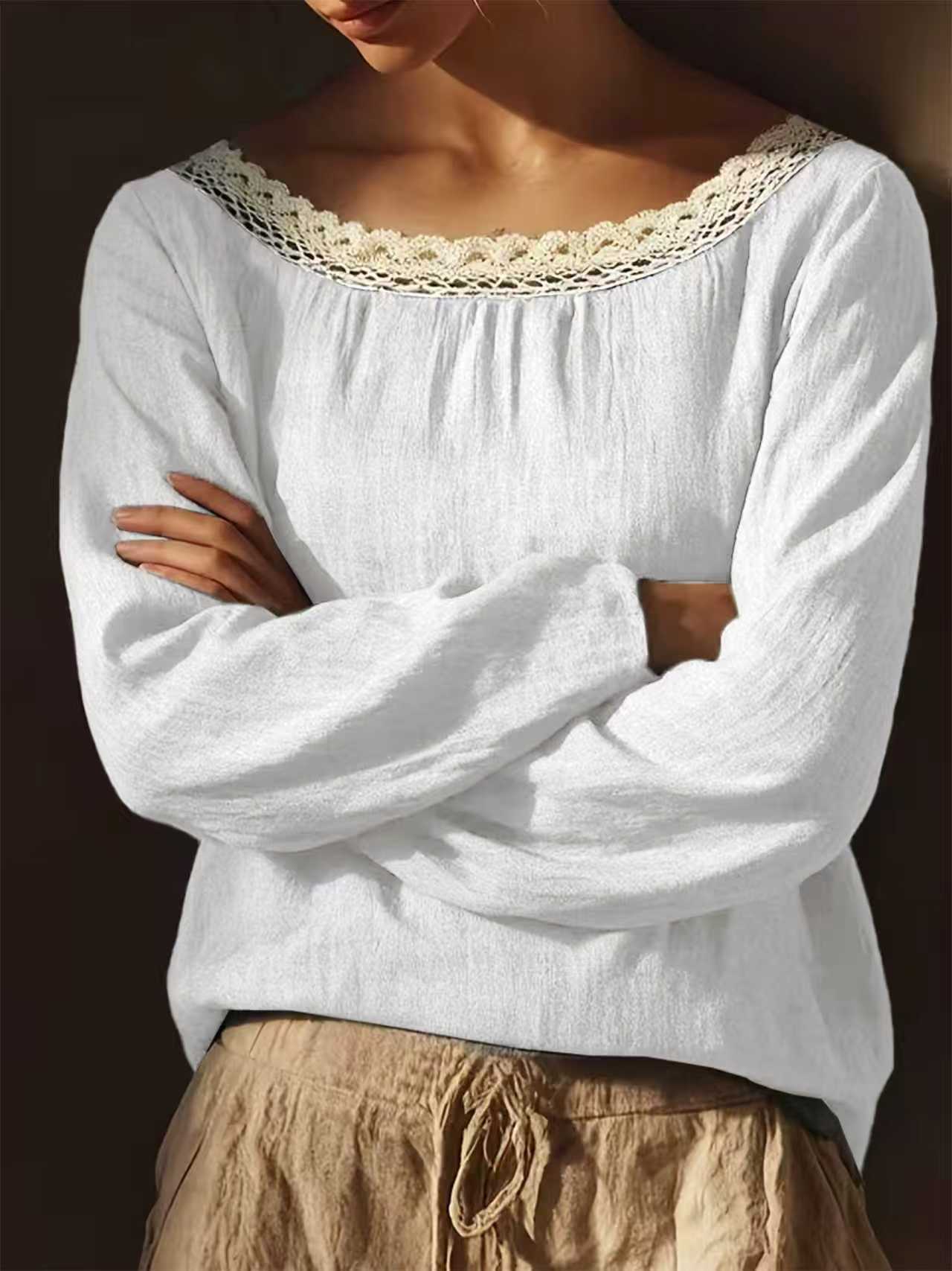 Women's Round Neck Lace Stitching Long Linen Sleeves Chinese Elegant Inner Women's T-shirt