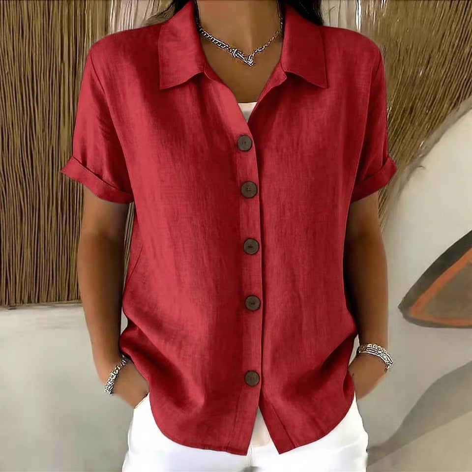 Summer Solid Color Polo Collar Shirt Button Casual Comfortable Shorts