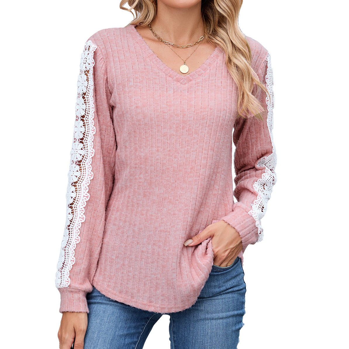 Women's Loose Long Sleeve Lace In Contrast Women's T-shirt