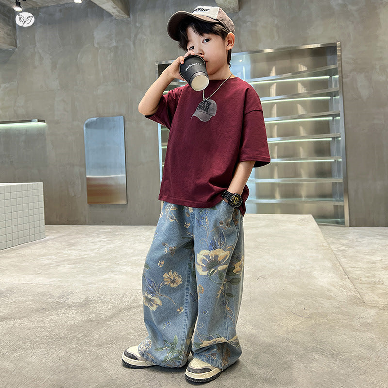 Pants Printed T-shirt Flower Jeans Two-piece Medium Big Children's Suit