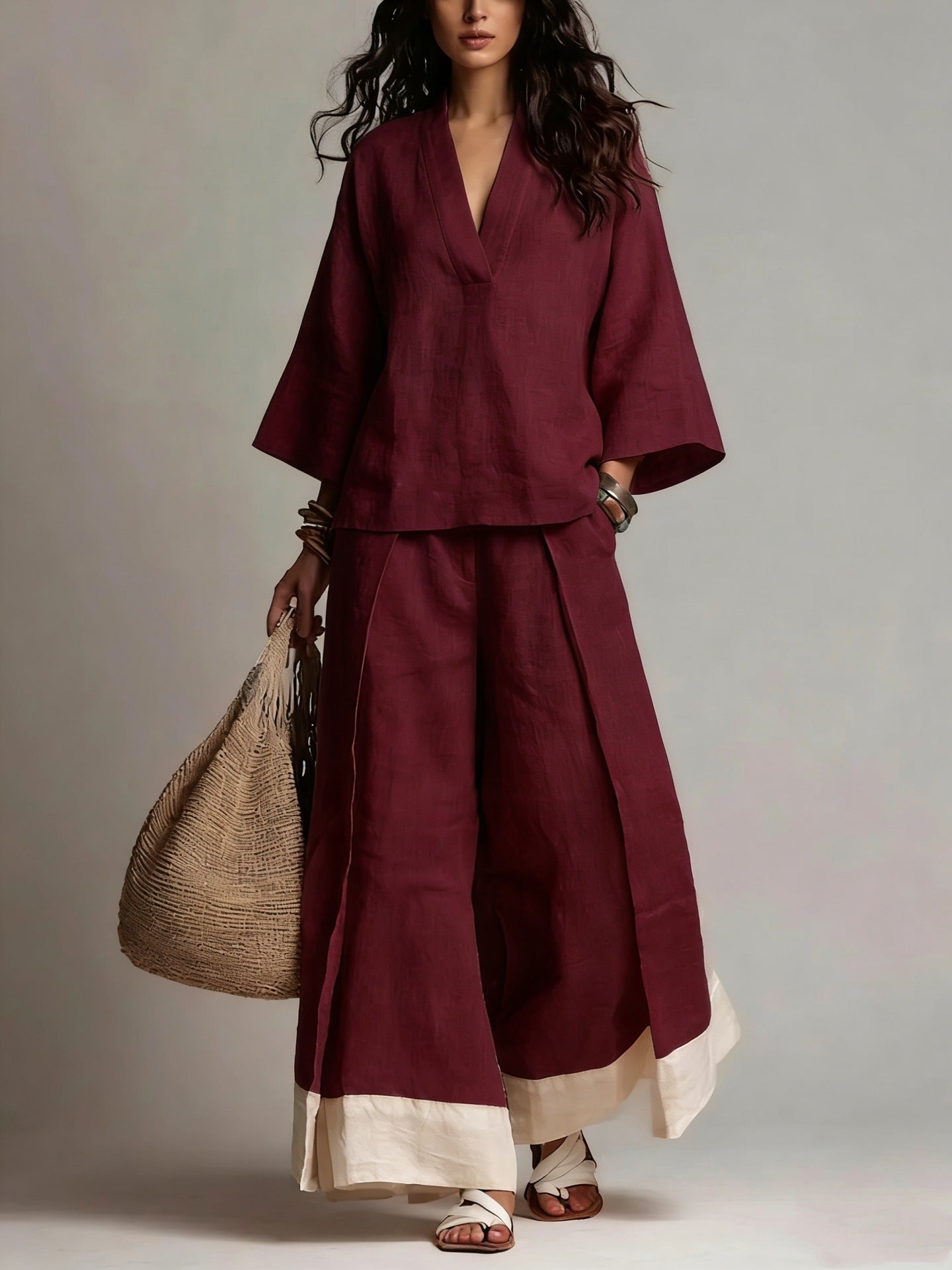 Women's Cotton Linen French Style Three-quarter Sleeve Shirt Contrast Color Suits