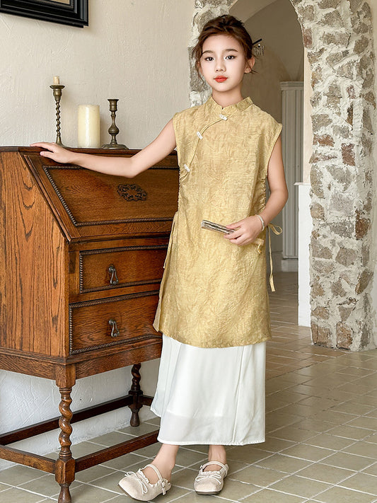 Children's Suits Summer National Sleeveless Cheongsam Dress Children's Suit
