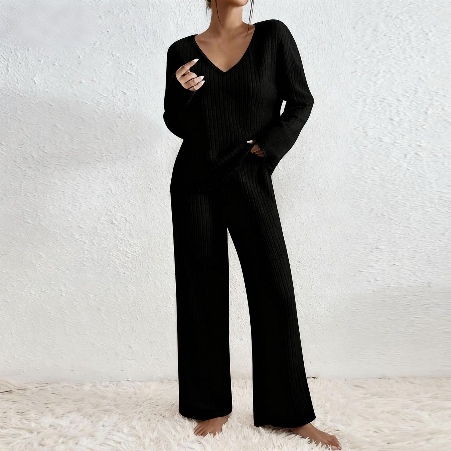 Women's Collar Loose Sunken Stripe Brushed Long Fashion Casual Suit