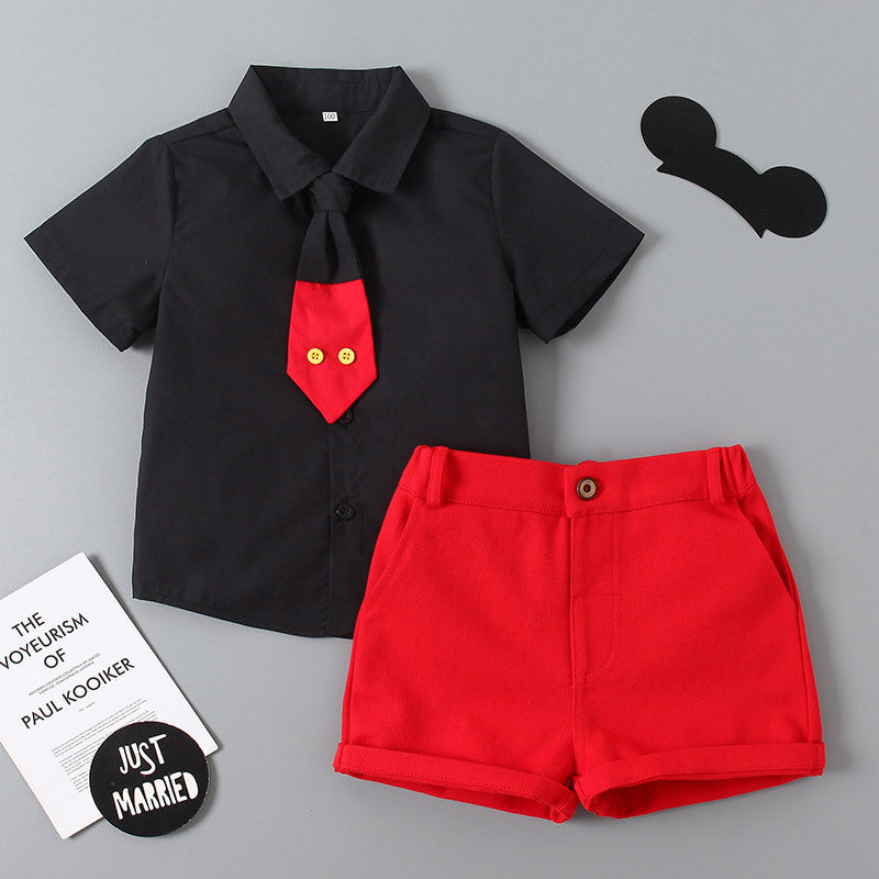 Children's Summer Clothing Korean Handsome Tie Solid Color Children's Suit