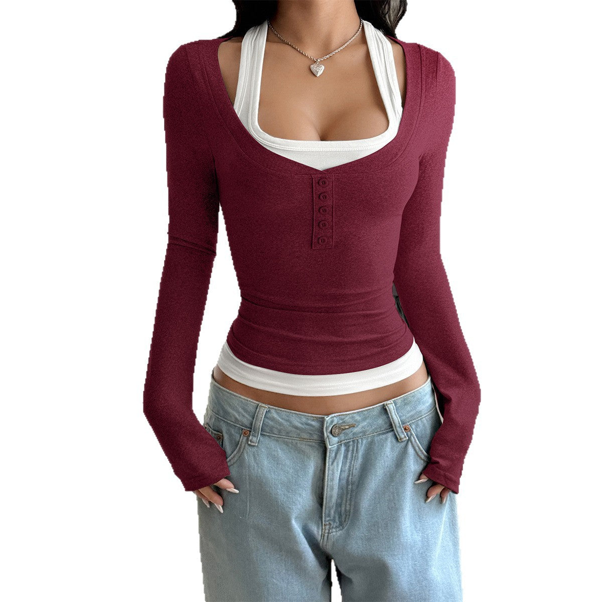 Women's Hot Style Fake Two-piece Suspender Long-sleeved Women's T-shirt