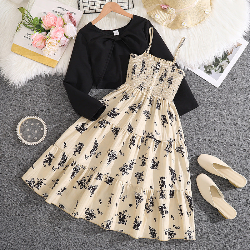 Children's Older Clothing Spring Sweet Floral Suspender Children's Suit