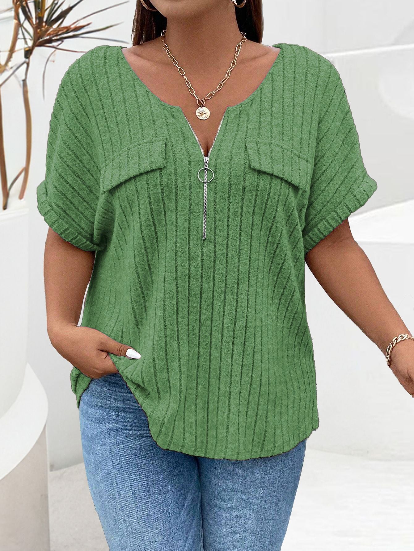 Women's Solid Color Clothes Zipper Sleeve Faux Pocket Pullover Tops