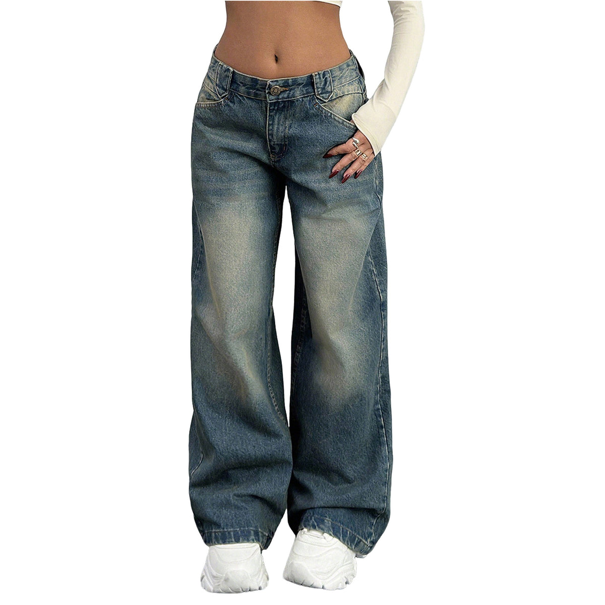 Women's Retro Washed Low Waist Loose Elastic With Pockets Women's Jeans