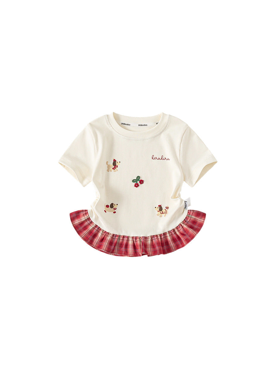Children's Clothing Short-sleeved Summer Plaid Stitching Little Cartoon Printed Fake Two-piece Children's T-shirt